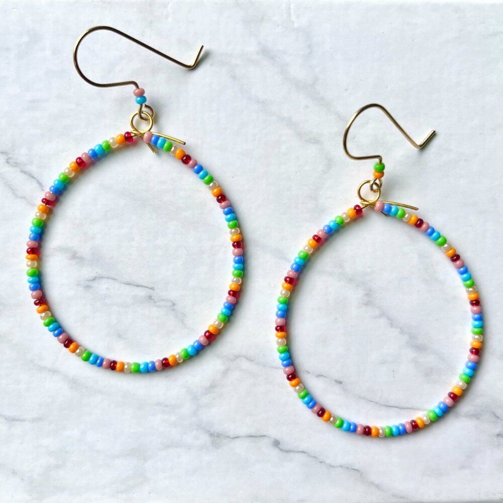 Rainbow Hand Beaded Tear Drop Earrings